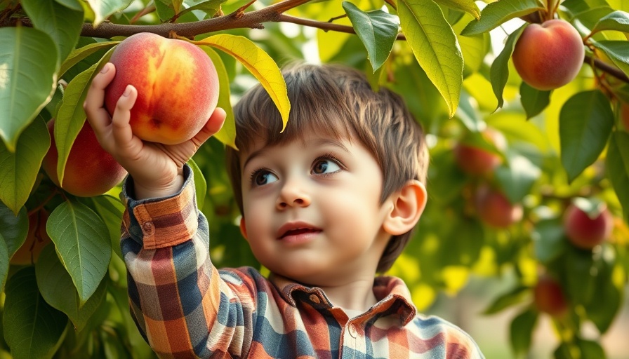 Young boy picking ripe peaches in a sunny orchard.