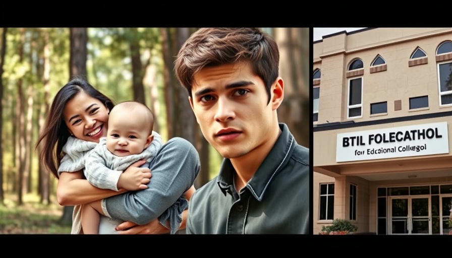 Collage with mother and child, serious man, and building entrance.
