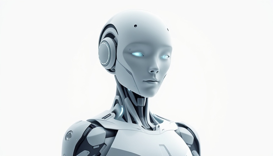 Futuristic humanoid robot standing still, minimalistic setting.