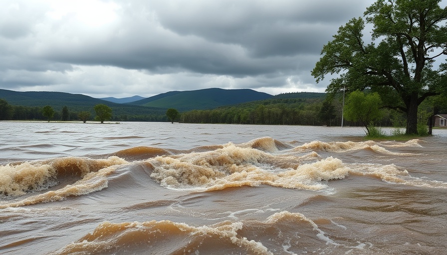 Texas flash floods news showing turbulent waters and submerged trees.