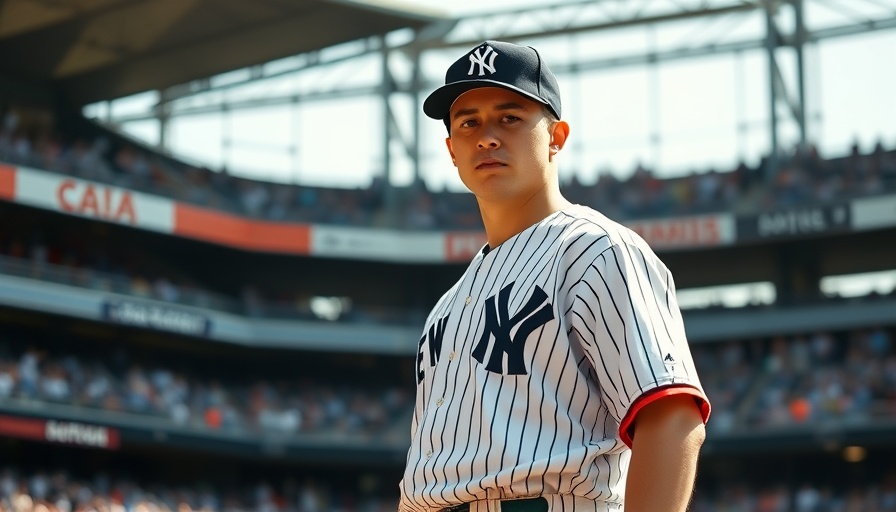 Yankees player in uniform, standing confidently at stadium.