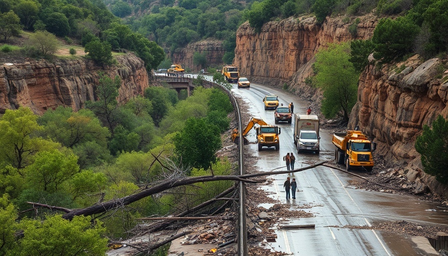 Texas Hill Country flood damage with people and equipment.