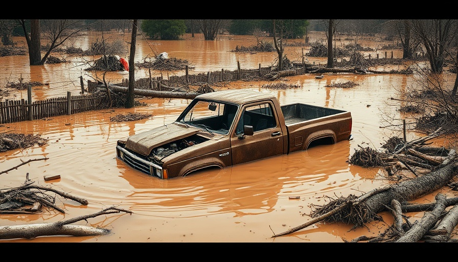 Texas floods news showing a wrecked truck in flood debris.