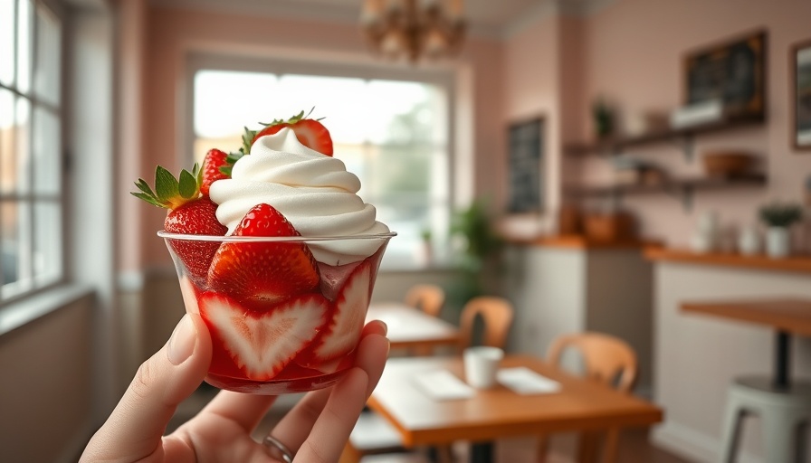 Dreamy Desserts McKinney cafe showing a strawberry dessert cup with cream in a cozy interior.