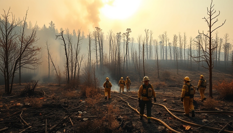 Los Angeles fires recovery efforts with firefighters in action, smoky landscape.