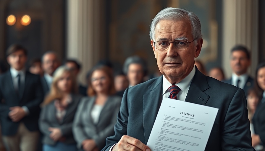 Man with serious expression holds a signed document at an event.