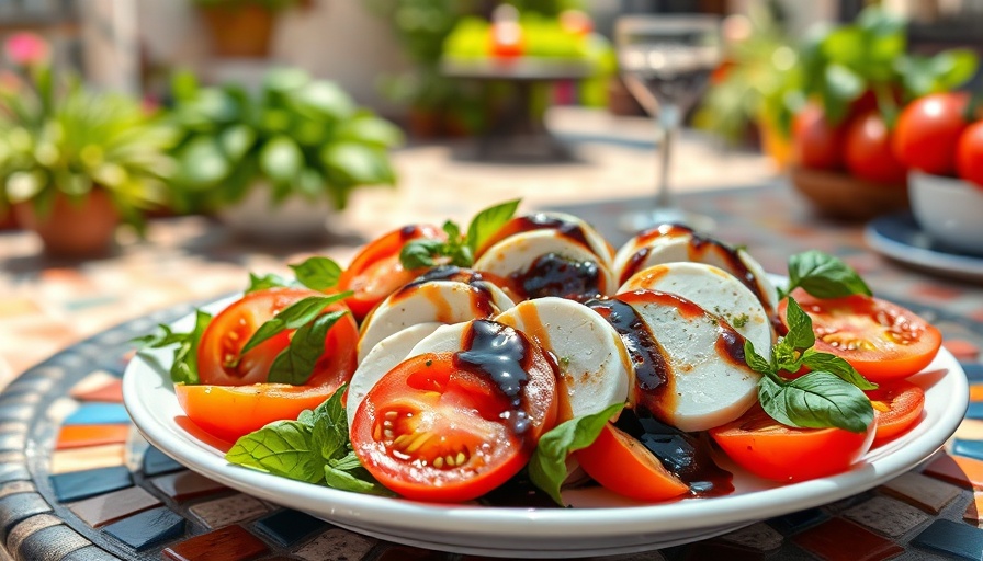 Vibrant caprese salad on a plate outdoors, showcasing New Orleans chefs summer gathering tips