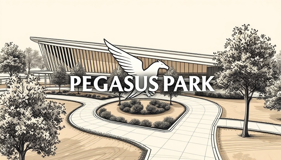 Pegasus Park architectural sketch and logo in Dallas biotech industry.