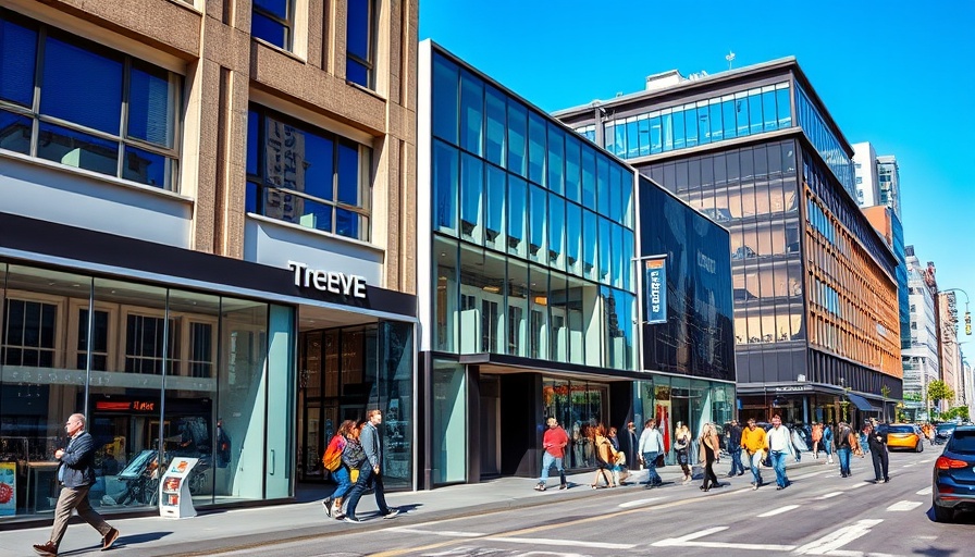 Frisco new businesses with modern glass storefronts and people.