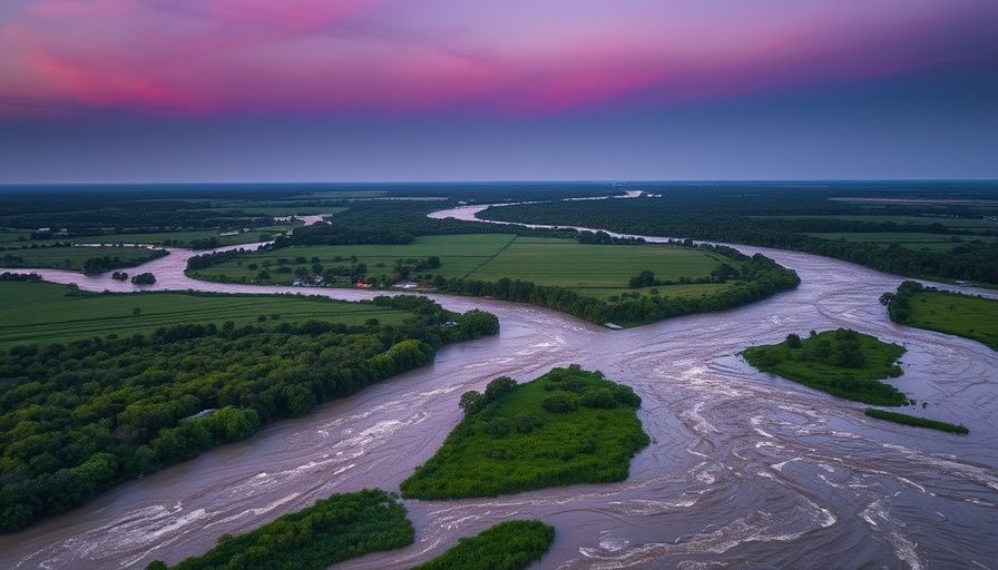 Texas Hill Country flood scene during twilight.