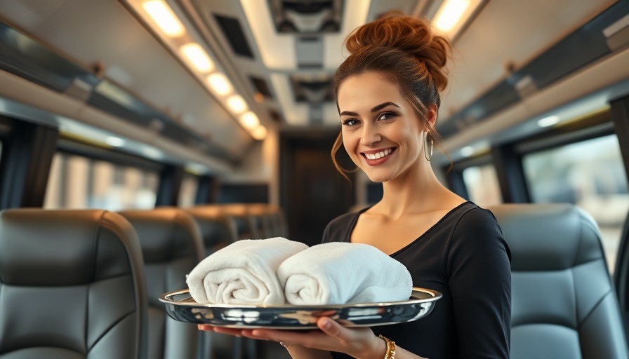 Friendly luxury coach attendant offering service inside modern motorcoach, Dallas to Houston travel.