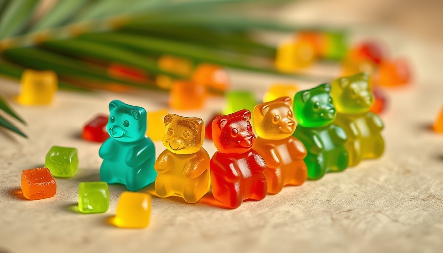 Colorful CBD gummies with hemp leaf in background.