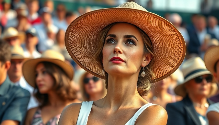 Elegant woman attending a tennis match, surrounded by spectators.