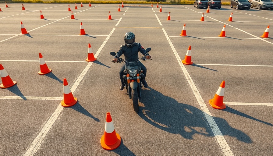 Motorcycle maneuvering through cones in a parking lot.
