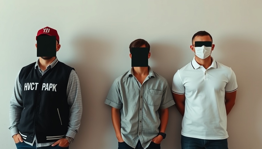 Individuals with blurred faces and uniforms, neutral background.