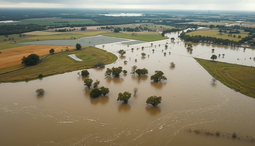 Flooded Texas Hill Country landscape with overcast sky.