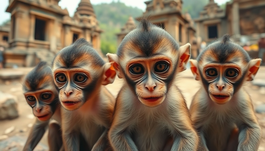 Young monkeys observing in ancient ruins, highlighting attraction to social conflict.