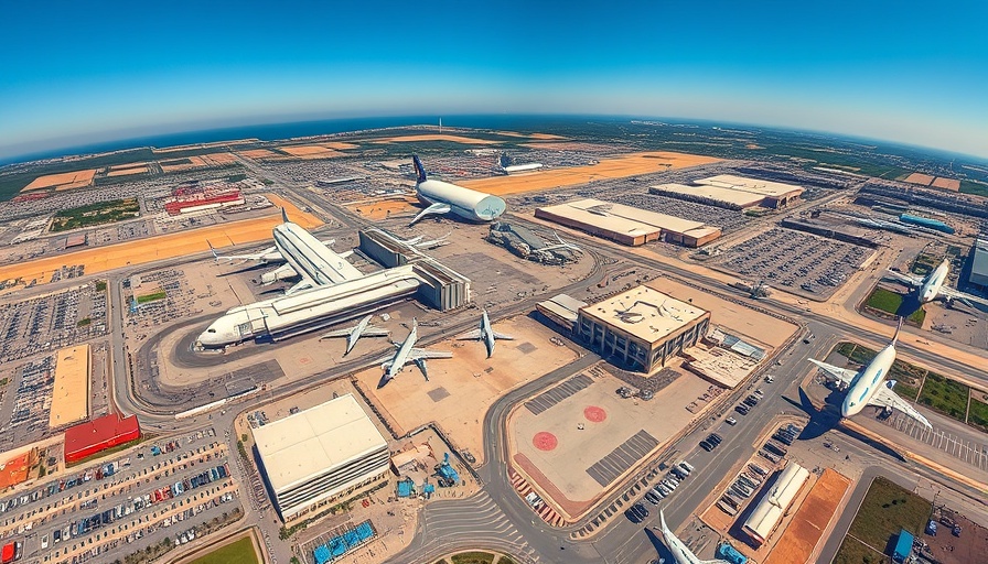 Aerial view of Dallas area businesses at DFW Airport, showcasing terminals and planes under clear skies.