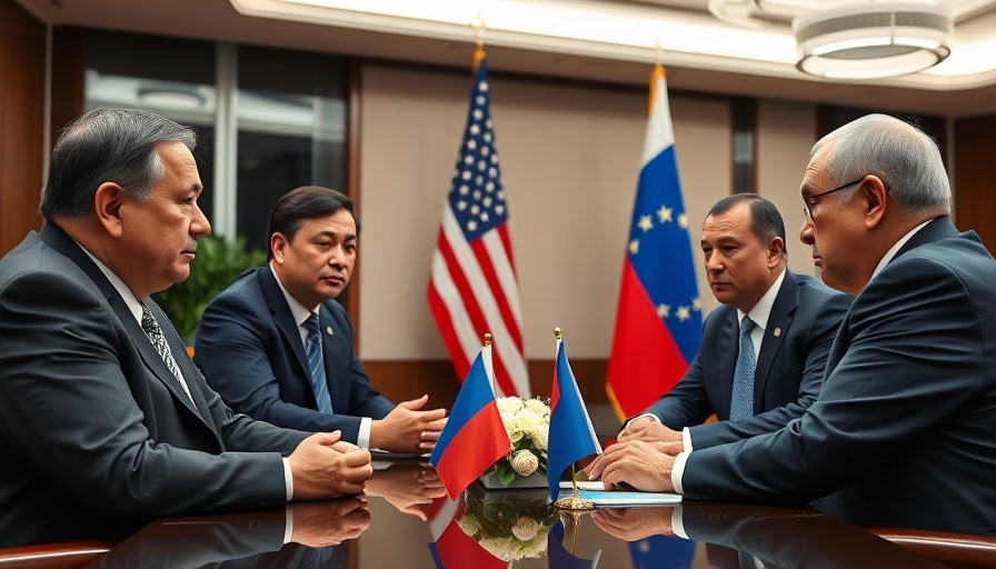 Diplomatic meeting on U.S.-Russia relations with flags and officials.