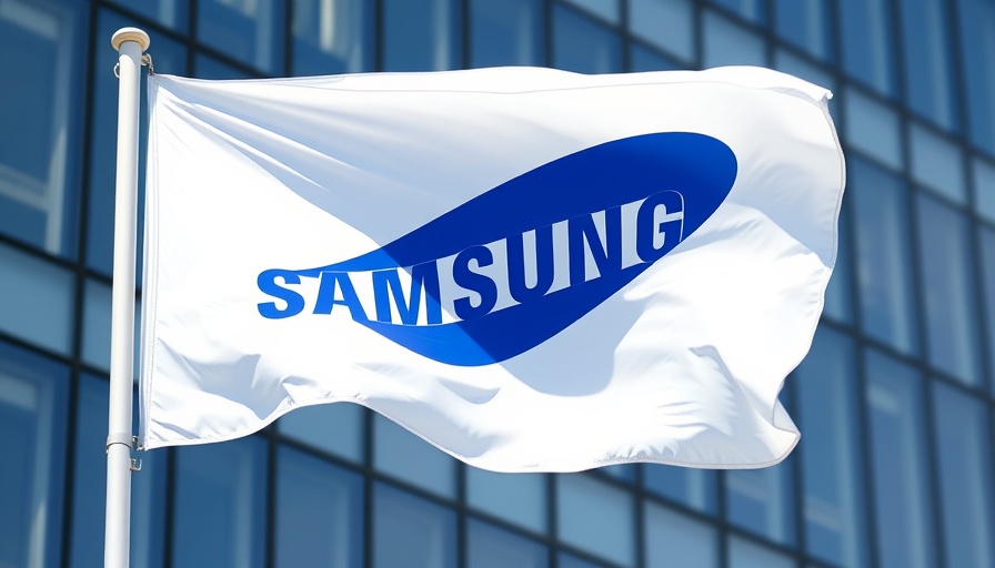Samsung flag waving beside building facade.