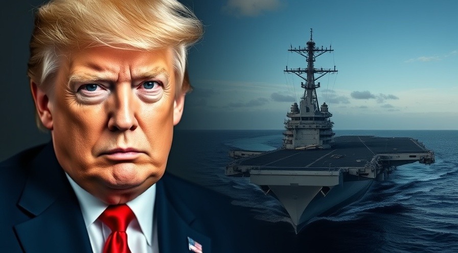 Serious portrait of Trump with US aircraft carrier, reflecting Iran nuclear negotiations in US foreign policy.