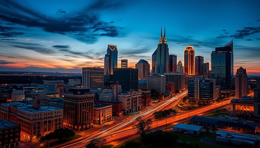 Dallas skyline at dusk with glowing lights for local news.