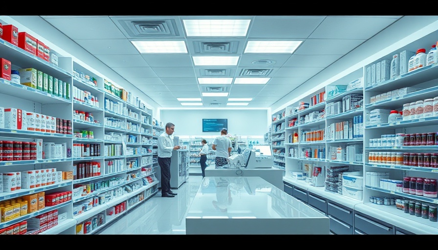 Modern pharmacy interior showcasing organized shelves, bright lighting.