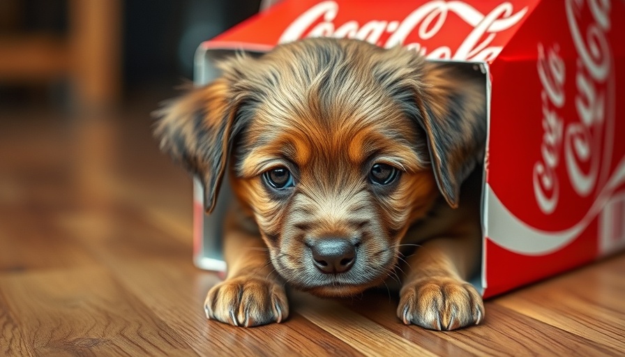 Puppy peeking from Coca-Cola box, curious indoor setting.