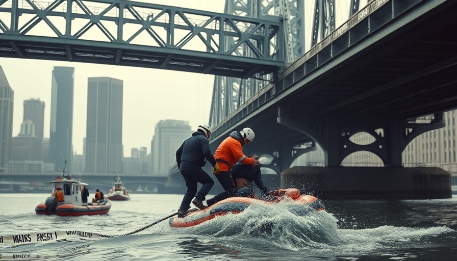 Emergency rescue operation under NYC bridge amidst drownings.