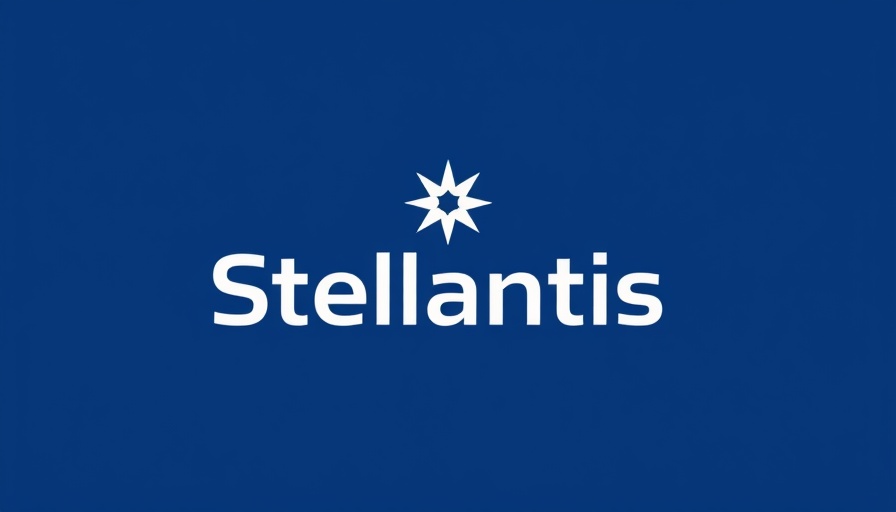 Stylish Stellantis logo design on a blue background related to assembly plants.