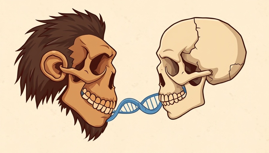 Illustration of human-neanderthal interbreeding with connected skulls and DNA.