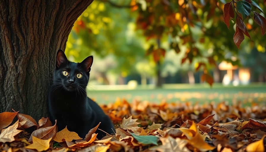 Black cat in Florida park watches intently among leaves.