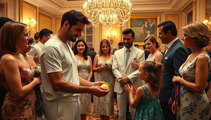 Wimbledon results gathering with tennis player signing ball indoors.