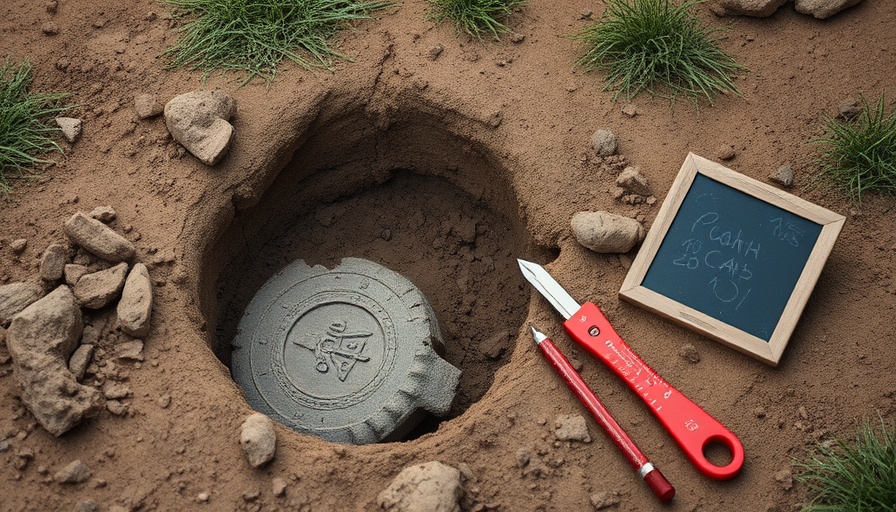 Excavation revealing ancient artifact near Egyptian tower houses.