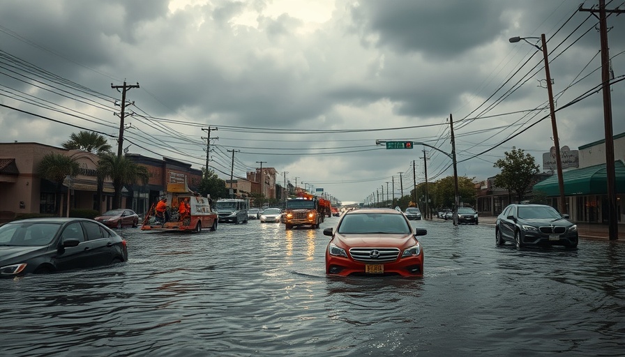 Texas disaster preparedness and flooding scene with submerged cars.
