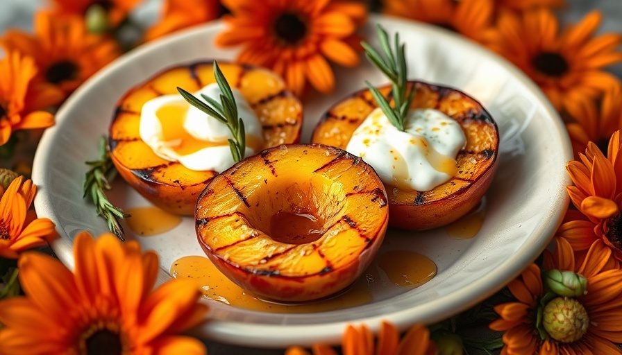 Grilled Peaches with Rosemary Hot Honey on a ceramic plate.