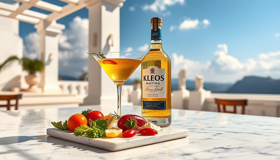 KLEOS Mastiha Spirit martini setup with Greek theme.