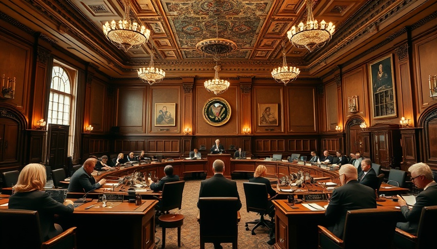 Officials discuss major cryptocurrency legislation in a formal meeting room.