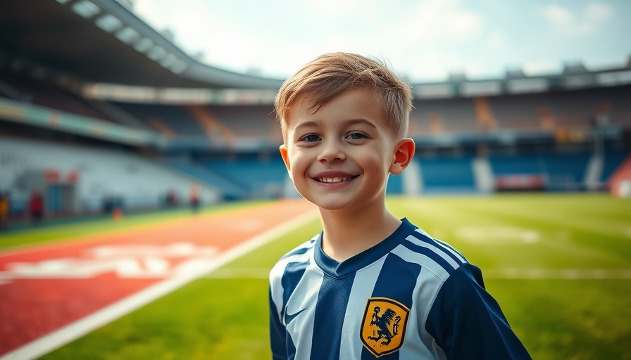 NFL news: Young boy smiling on a football field.