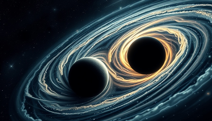 Depiction of the largest black hole merger in space with swirling gases.