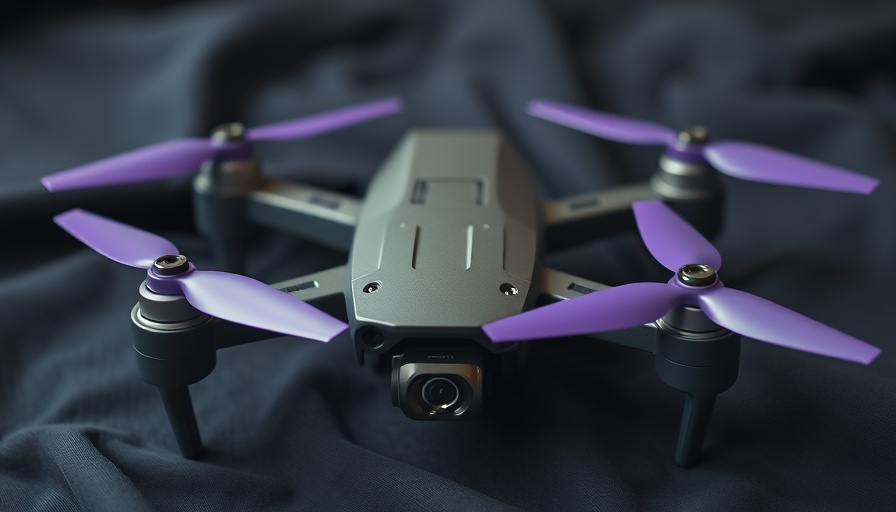 Close-up of a racing drone with purple propellers.