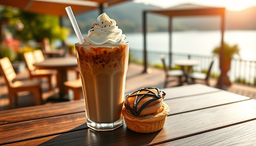 Delicious cold coffee drinks Austin scene with pastry by lake.