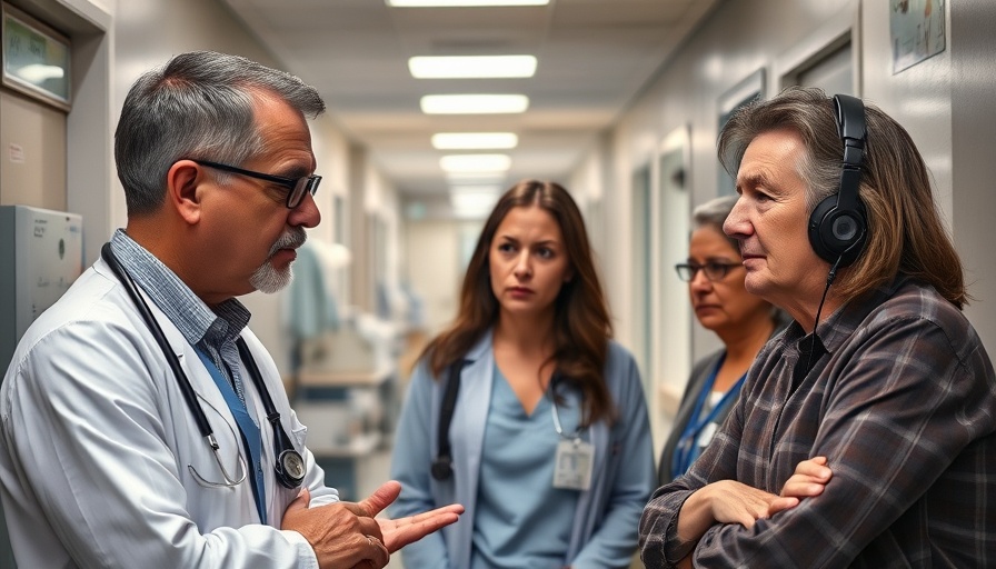 Concerned doctor and patients discussing health insurance loss in America.