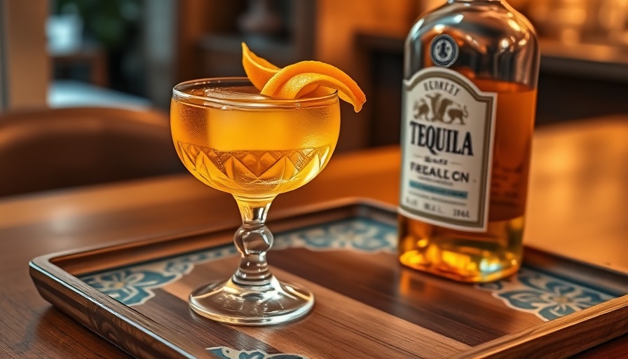 Vibrant tequila cocktail and bottle on decorative tray