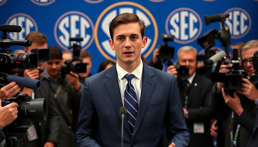 Arch Manning in suit at SEC media event, addressing journalists.