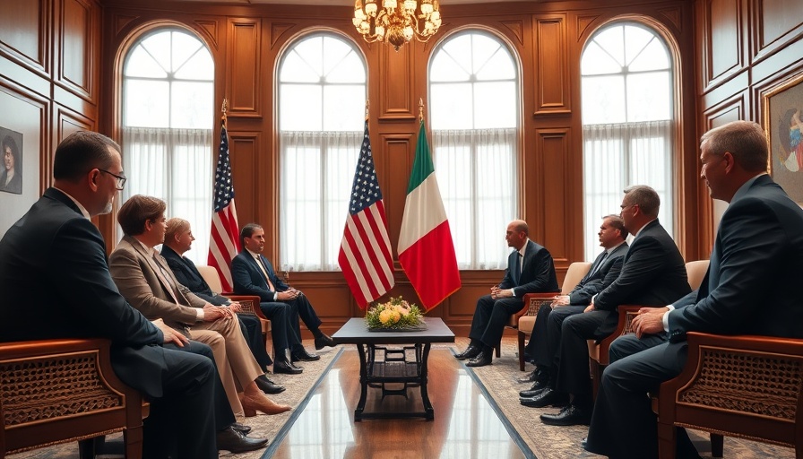 Diplomatic meeting in a formal room with US and Italy flags, discussing relations.