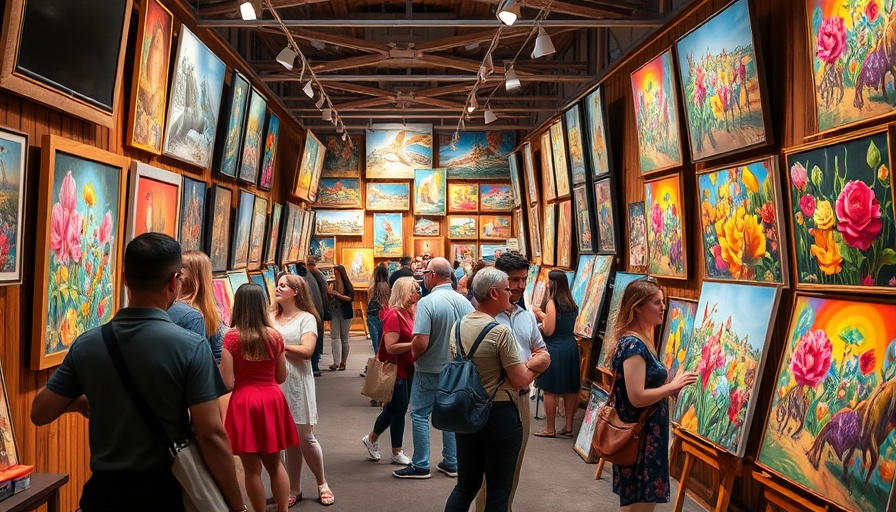 Visitors exploring vibrant paintings at Armada Christmas Bazaar Austin.