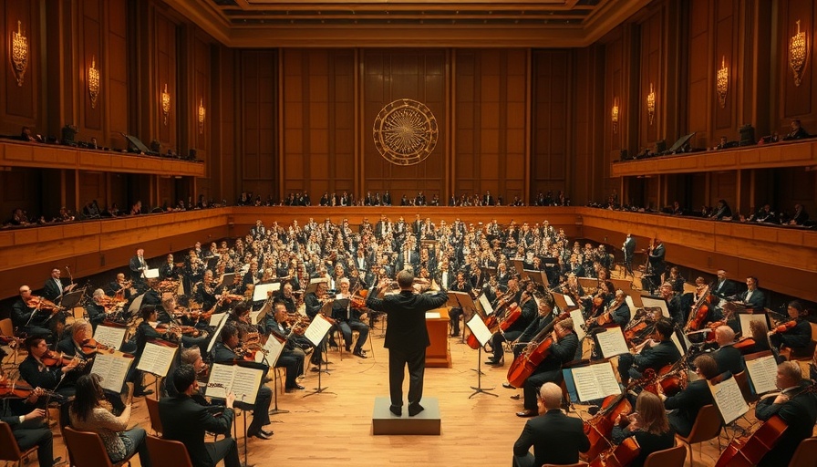 Large orchestra performing in concert hall, sight-over-sound effect in music perception