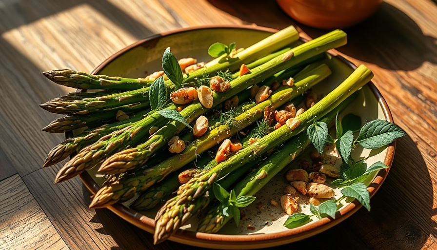 Fresh asparagus with nuts and lemon balm, rustic setting.