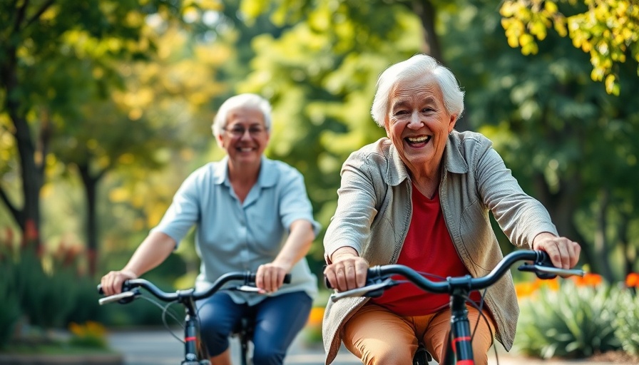 Older couple enjoying the health benefits of riding a bicycle, smiling in a park.